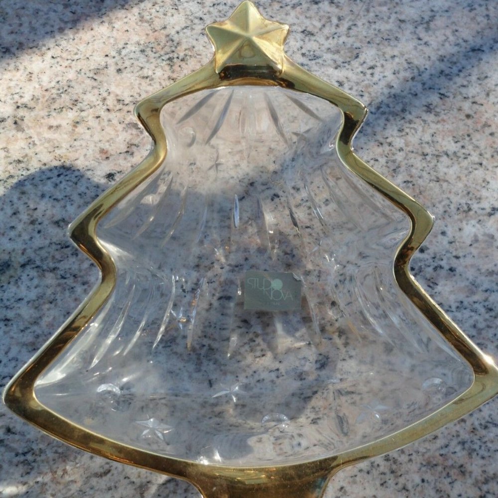Christmas Tree Studio Nova Glass Clear Gold Trim Shaped Candy Dish Japan 6" Long